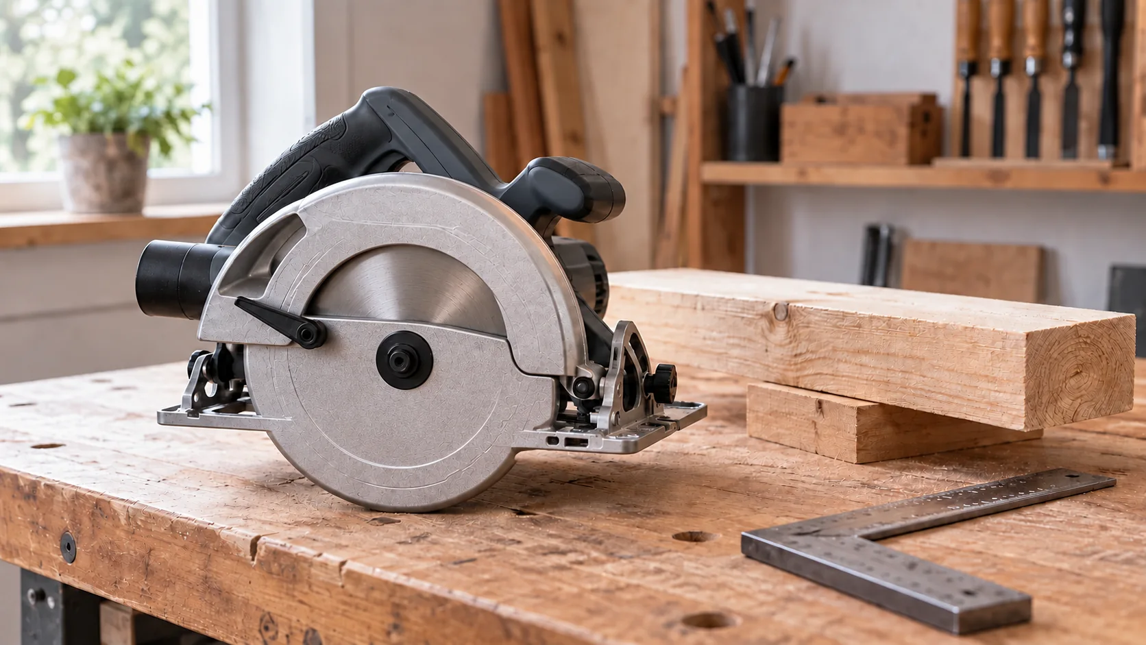 Unbranded circular saw resting on a workbench beside timber offcuts and a steel square.
