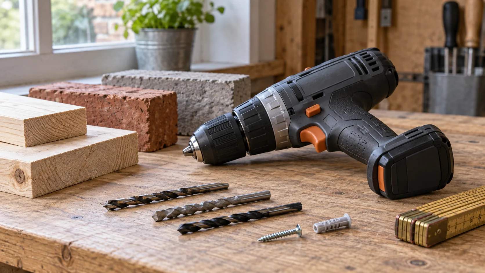 Unbranded cordless combi drill on a workbench beside three drill bits, a screw, a wall plug, a folding rule and timber, brick and block samples.