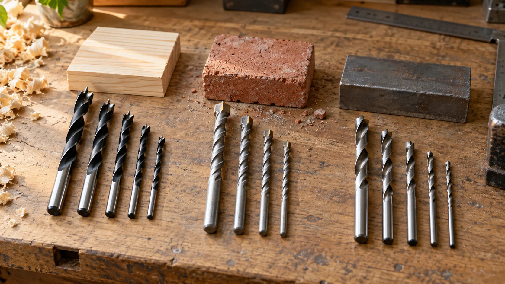 Three groups of unbranded drill bits laid out in front of a timber block, a brick and a steel block on a workbench.