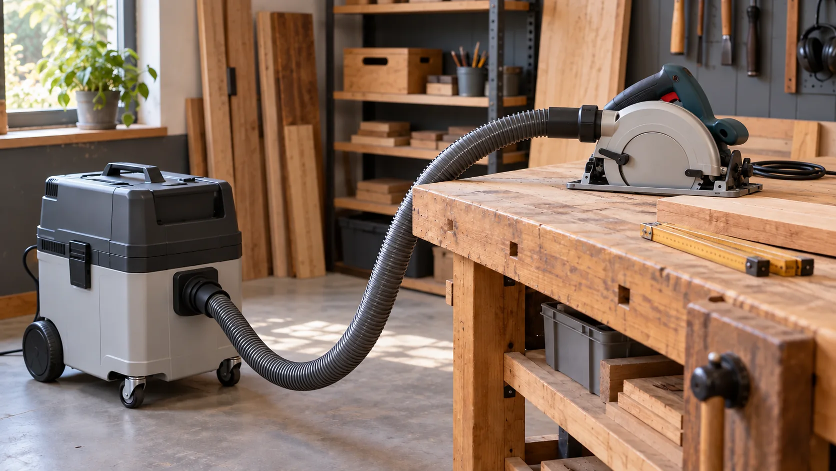 Unbranded dust extractor on a workshop floor, its hose connected to a circular saw resting on the bench.