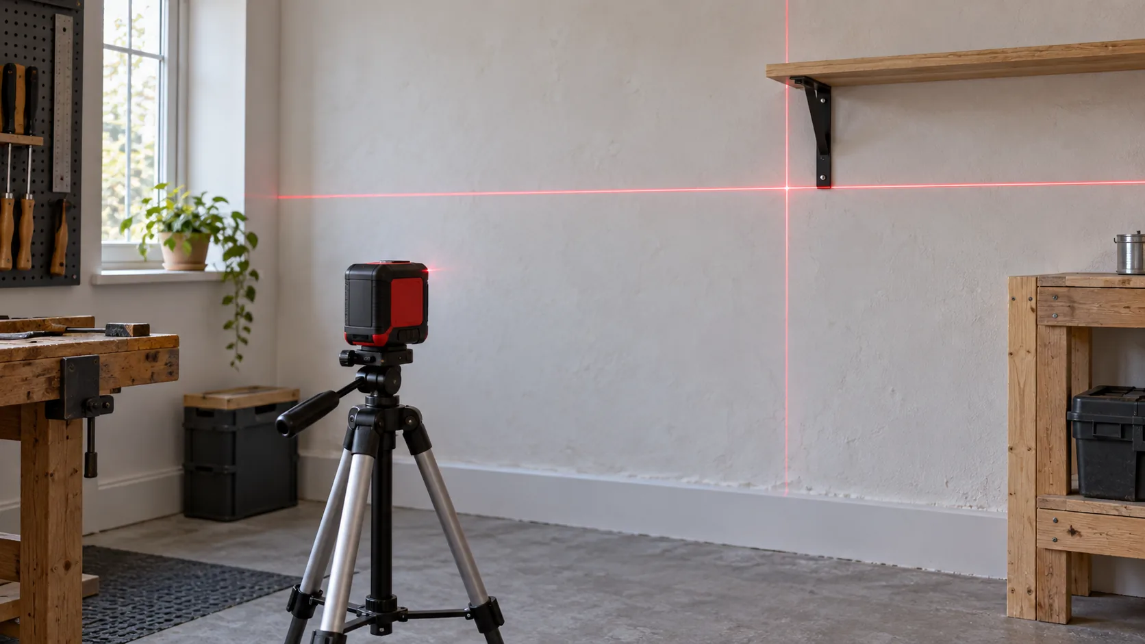Unbranded cross-line laser level on a tripod projecting red horizontal and vertical lines onto a wall below a shelf.