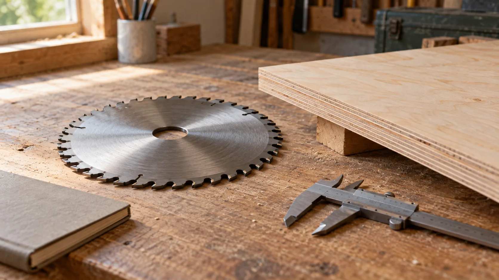 Unbranded circular saw blade lying on a workbench beside a raised plywood sheet and a calliper.