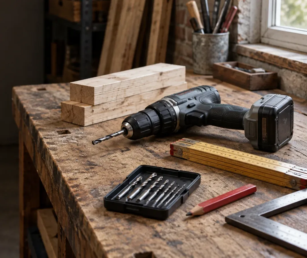 Illustration of a drill, twist bits, folding rule, pencil and square on a workbench.